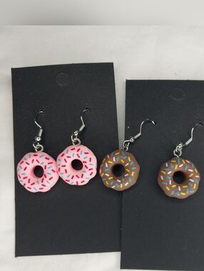 Handmade Donut Dangle Earrings - Pink & Brown